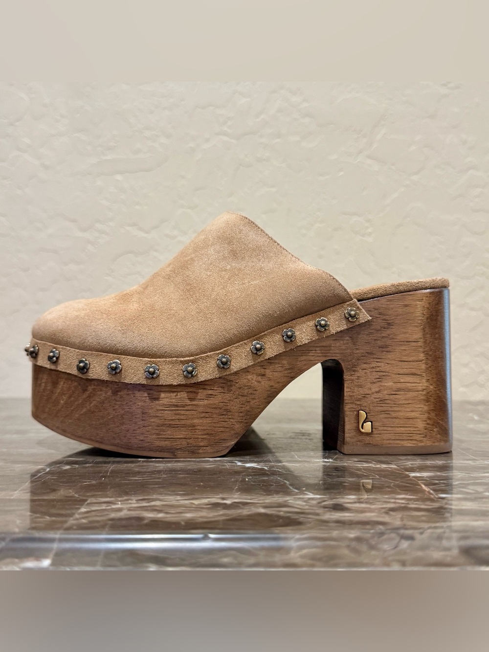 Larroude Miso Suede Leather Wooden Platform Clogs